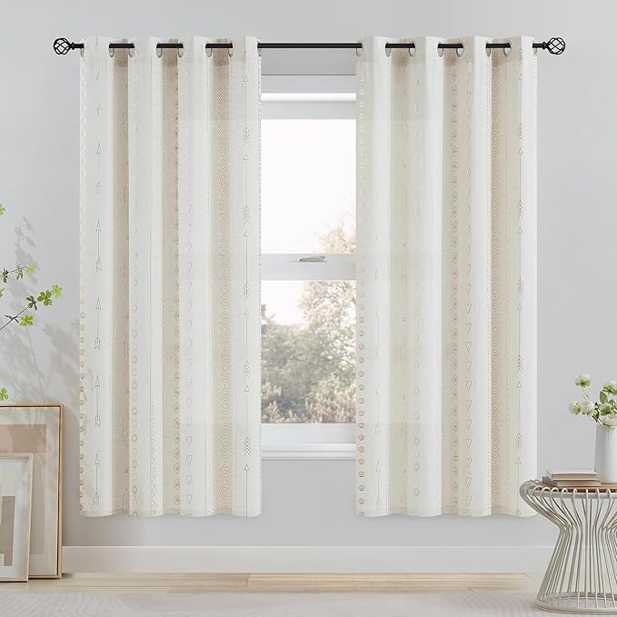 Gold Foil Linen Curtains for Bedroom, 63 Inch Length Moroccan Curtains for - Image 2