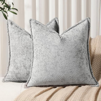 Pack of 2 Light Gray Decorative Throw Pillow Covers 18x18 Cozy Soft Chenille by DEZENE