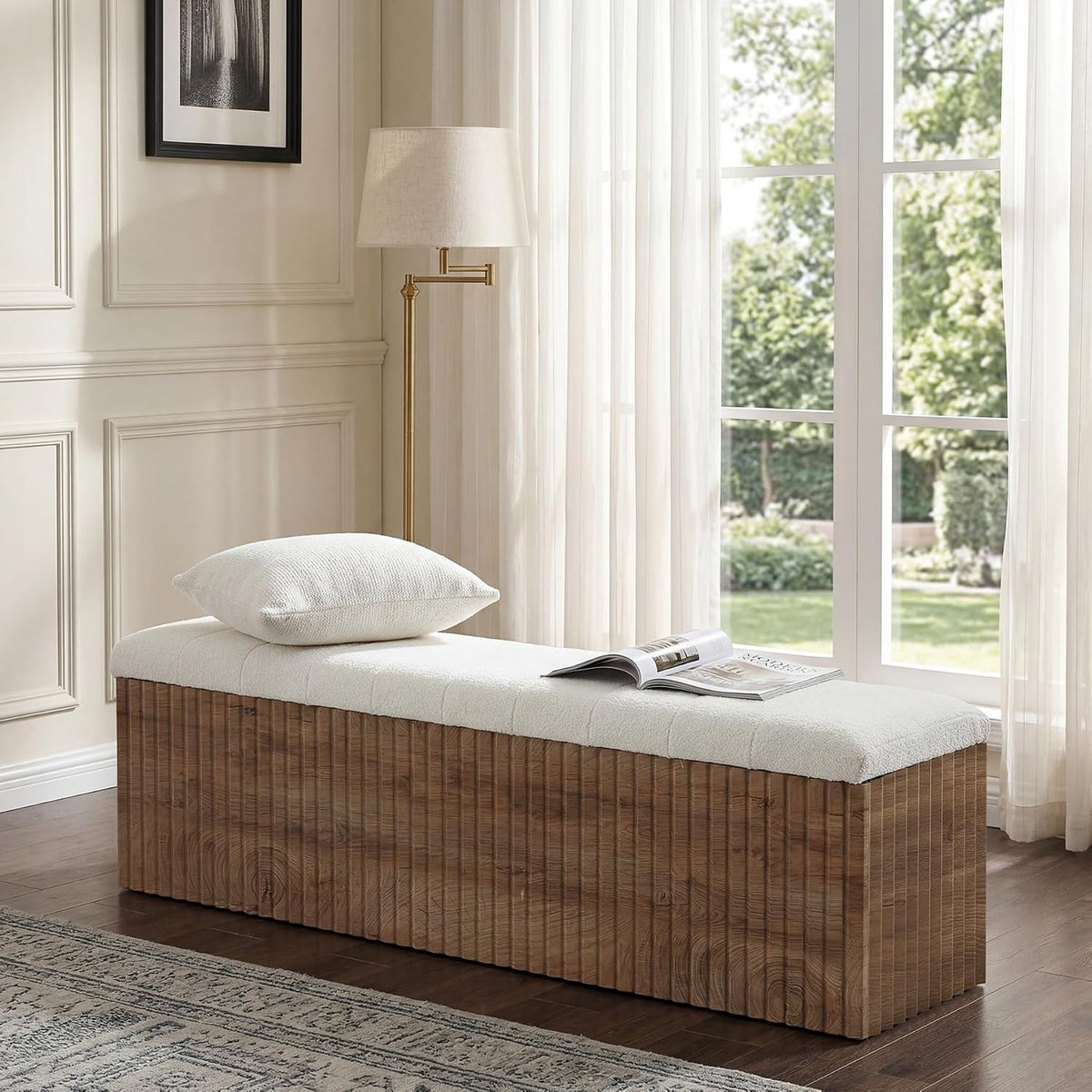 little tree upholstered end of bed storage bench, side view