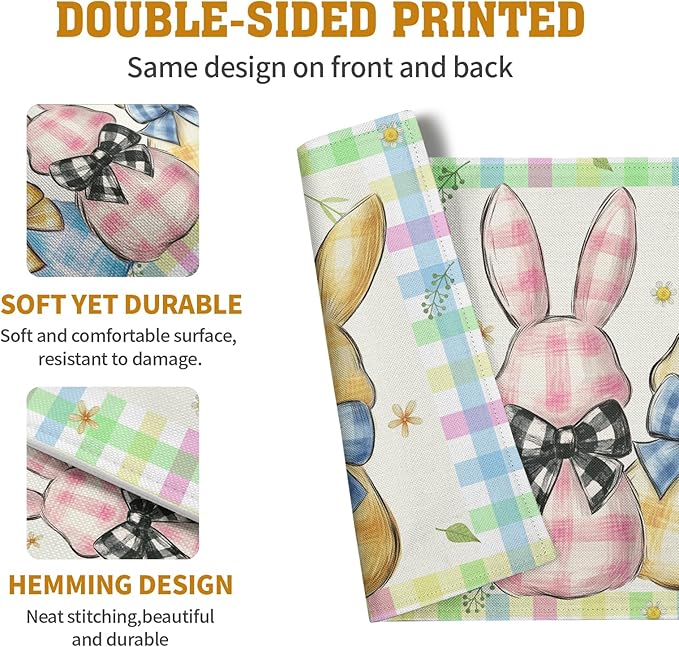 Easter Bunny Placemats Set of 4 Green Blue Pink Yellow Buffalo Plaid Rabbits - Image 5