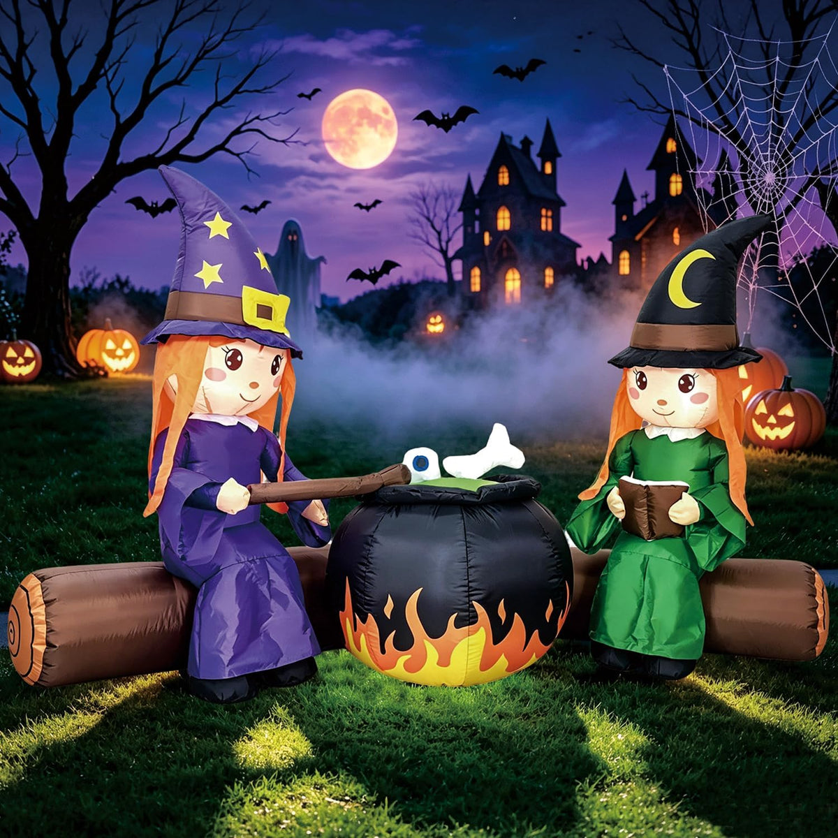 DomKom 6FT Halloween Inflatable Blow Up Decorations, Cute Witches with Cauldron Over Campfire, Built-in LEDs for Holiday Party, Garden, Lawn, Yard, Patio Décor
