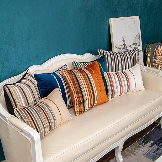 Yangest Grey Striped Patchwork Throw Pillow Cover Gold Leather Cushion Cover - Image 7