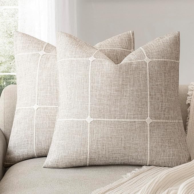 Foindtower Pack of 2 Decorative Faux Linen Jacquard Check Throw Pillow Covers by Foindtower