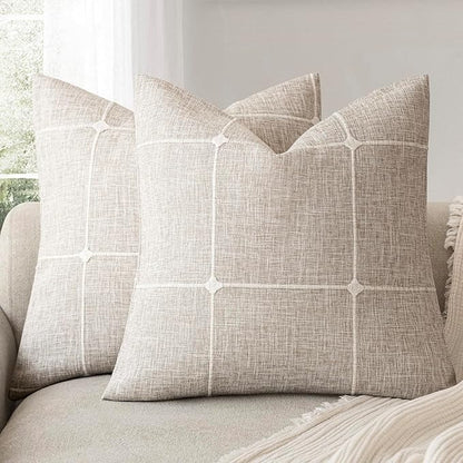 Foindtower Pack of 2 Decorative Faux Linen Jacquard Check Throw Pillow Covers by Foindtower