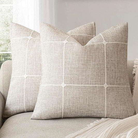 Foindtower Pack of 2 Decorative Faux Linen Jacquard Check Throw Pillow Covers by Foindtower