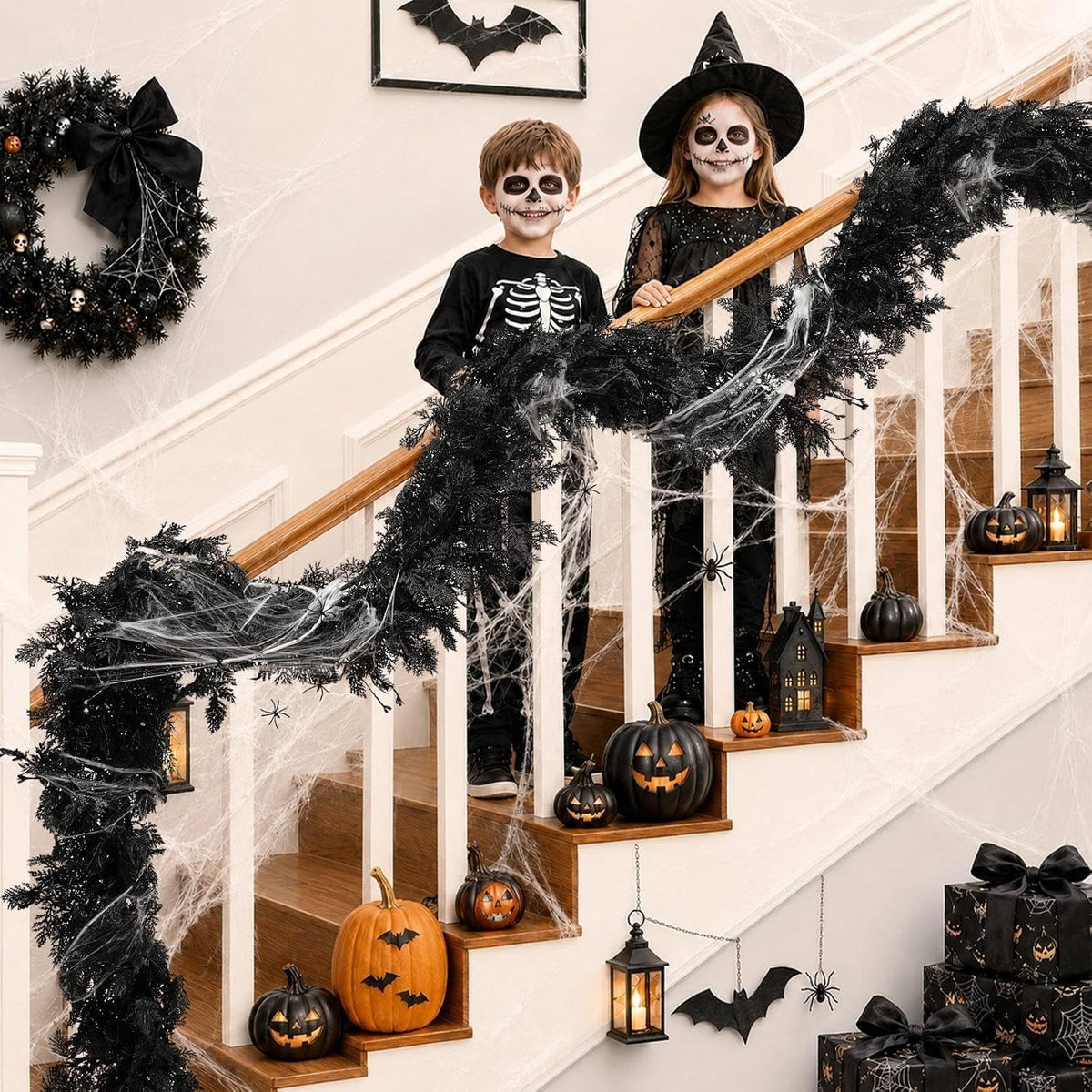 Pre-lit Halloween Garland Decorations Black Real Touch Cedar Cypress with Berry & Spider & Spiderweb Halloween Garland for Mantle, Fireplace, Table, Stairs, Door, Indoor Outdoor Decor, 9FT