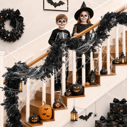 Pre-lit Halloween Garland Decorations Black Real Touch Cedar Cypress with Berry & Spider & Spiderweb Halloween Garland for Mantle, Fireplace, Table, Stairs, Door, Indoor Outdoor Decor, 9FT