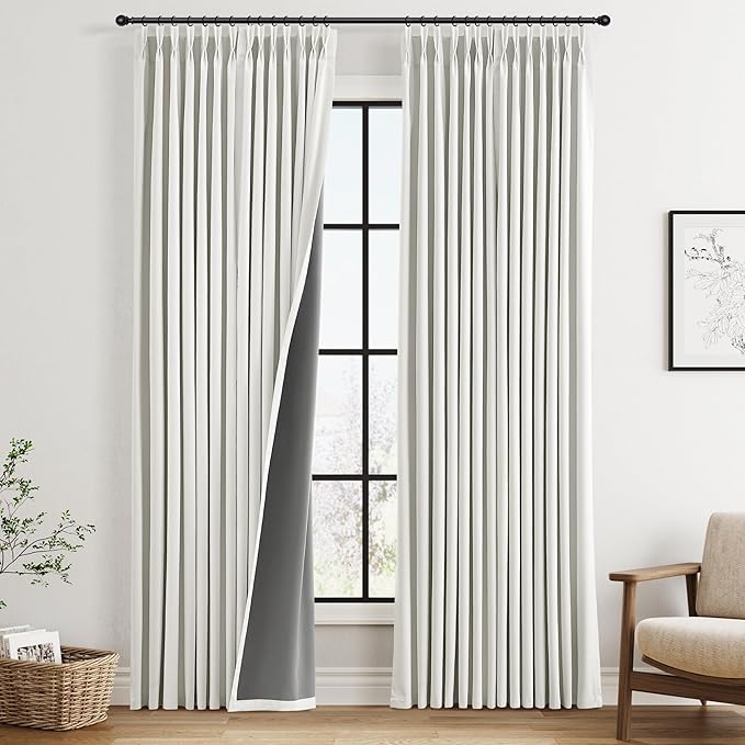Pinch Pleated 100% Blackout Linen Curtains 90 Inch Length 2 Panels Set by Joywell