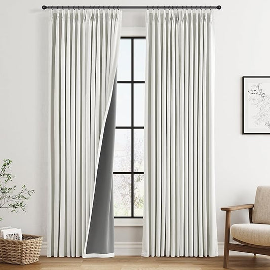 Pinch Pleated 100% Blackout Linen Curtains 90 Inch Length 2 Panels Set by Joywell