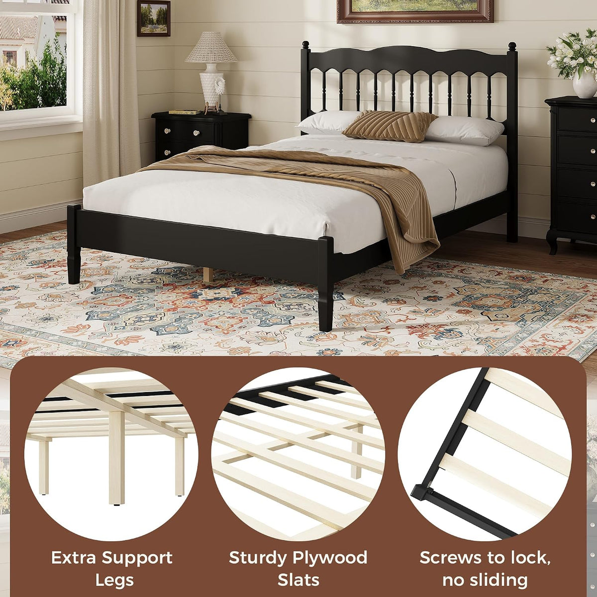 bellemave full vintage wood spindle post bed,wooden platform, package contents