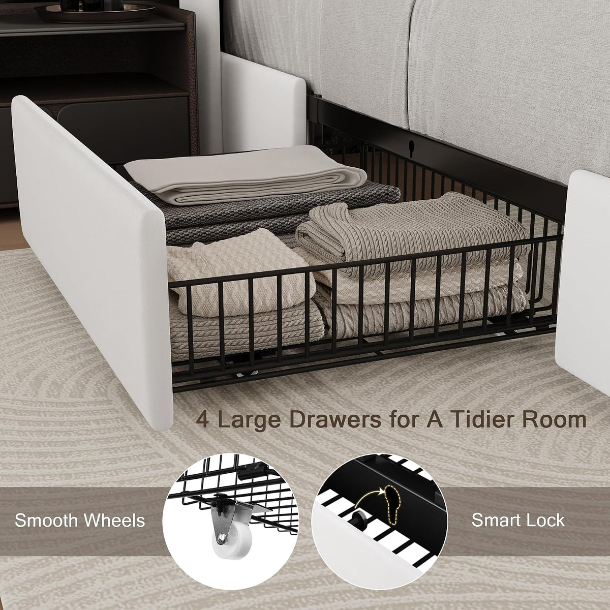 einhomn full size bed frame with 4 storage, close-up detail