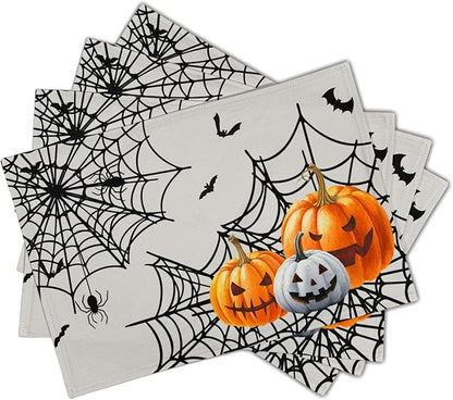 Giwawa Halloween Placemats, Colorful Spooky Pumpkins Spider Web Bats Linen - Image 2