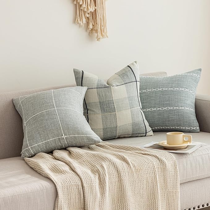 vctops Rustic Lattice Cotton Linen Decorative Throw Pillow Cover Embroidery - Image 4