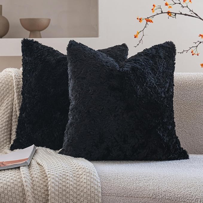 Neelvin Set of 2 Faux Fur Throw Pillow Covers 24x24 Inch Black Cozy Soft Solid by Neelvin