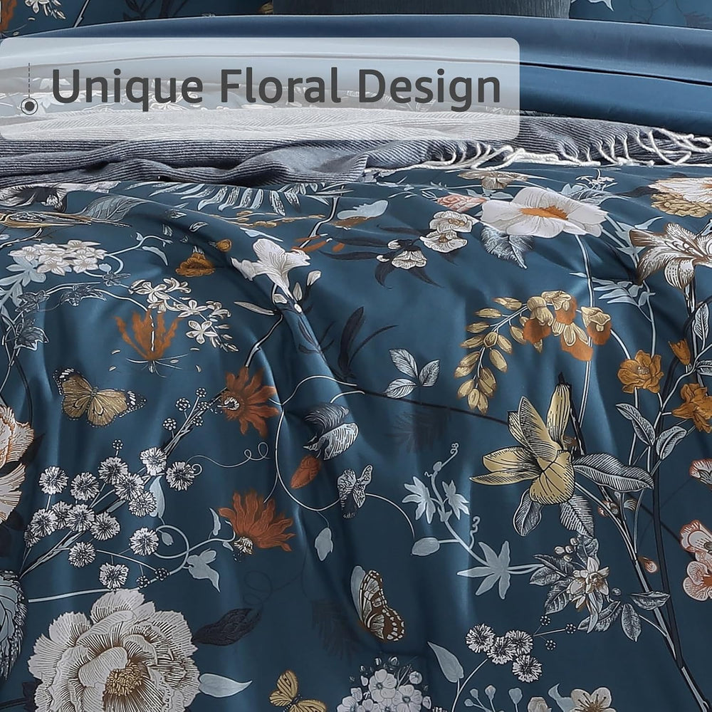 Full Size Comforter Sets-7 Pieces Blue Floral Bed in a Bag Full Bedding Set