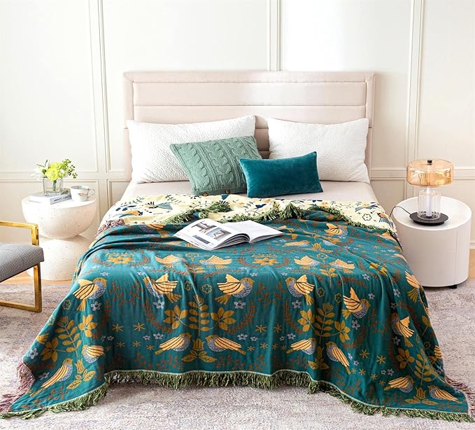 MSGKV 100% Cotton Blanket Boho Throw Blue Warm Couch Sofa Bed Double Sided Knit - Image 2