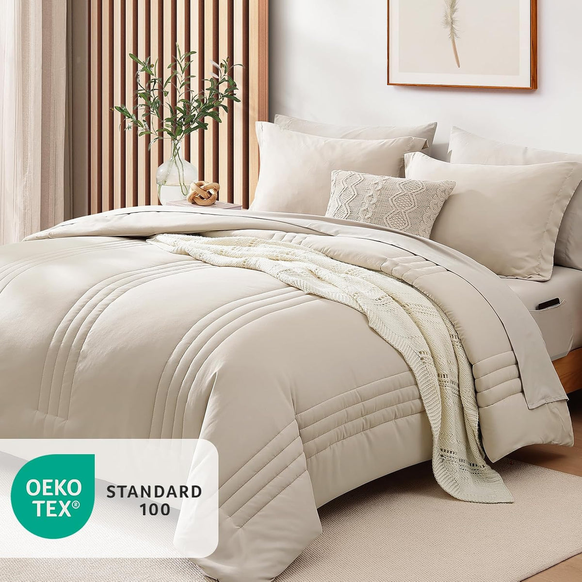 full size comforter sets-7 pieces beige soft bed, side view