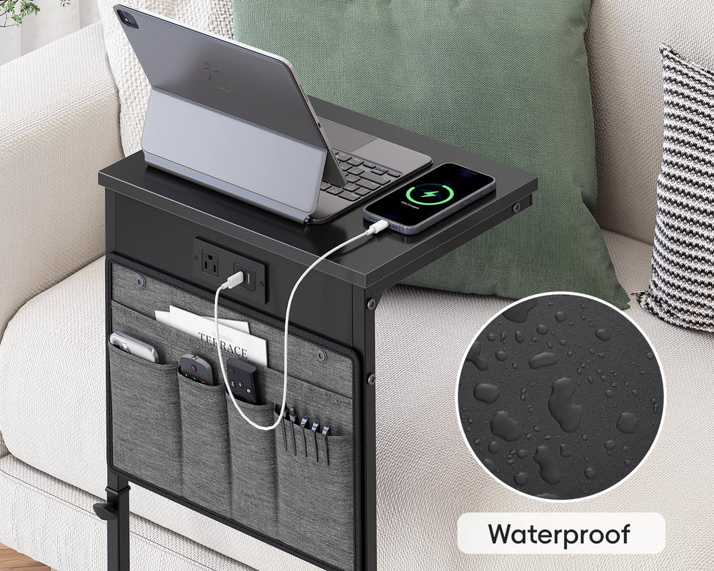 Vagusicc C Shaped End Table with Charging Station, Tall C Table End Table Adj...