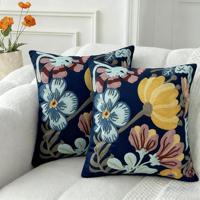 18x18 Embroidered Throw Pillow Covers Set – Blue Pumpkin Blossom Cotton by EmbroideredLiving