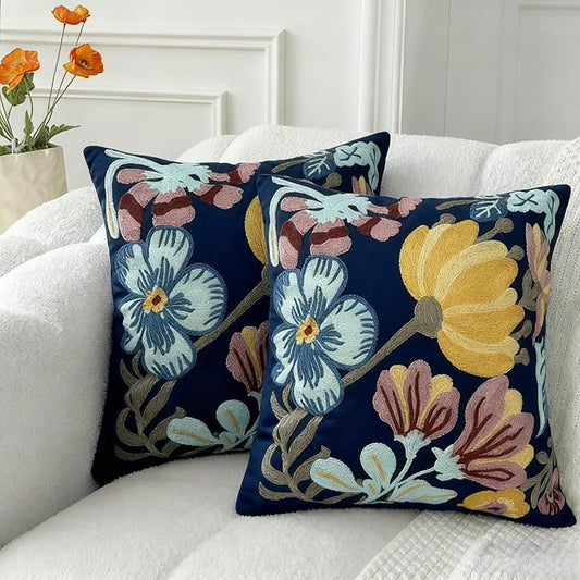 18x18 Embroidered Throw Pillow Covers Set – Blue Pumpkin Blossom Cotton by EmbroideredLiving