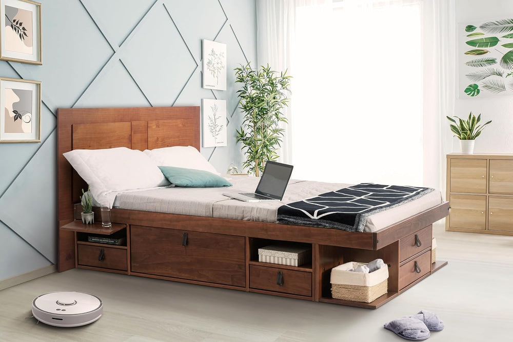 memomad Bali Slim Set: Bed + Flat Headboard, Queen Size, Caramel Brown