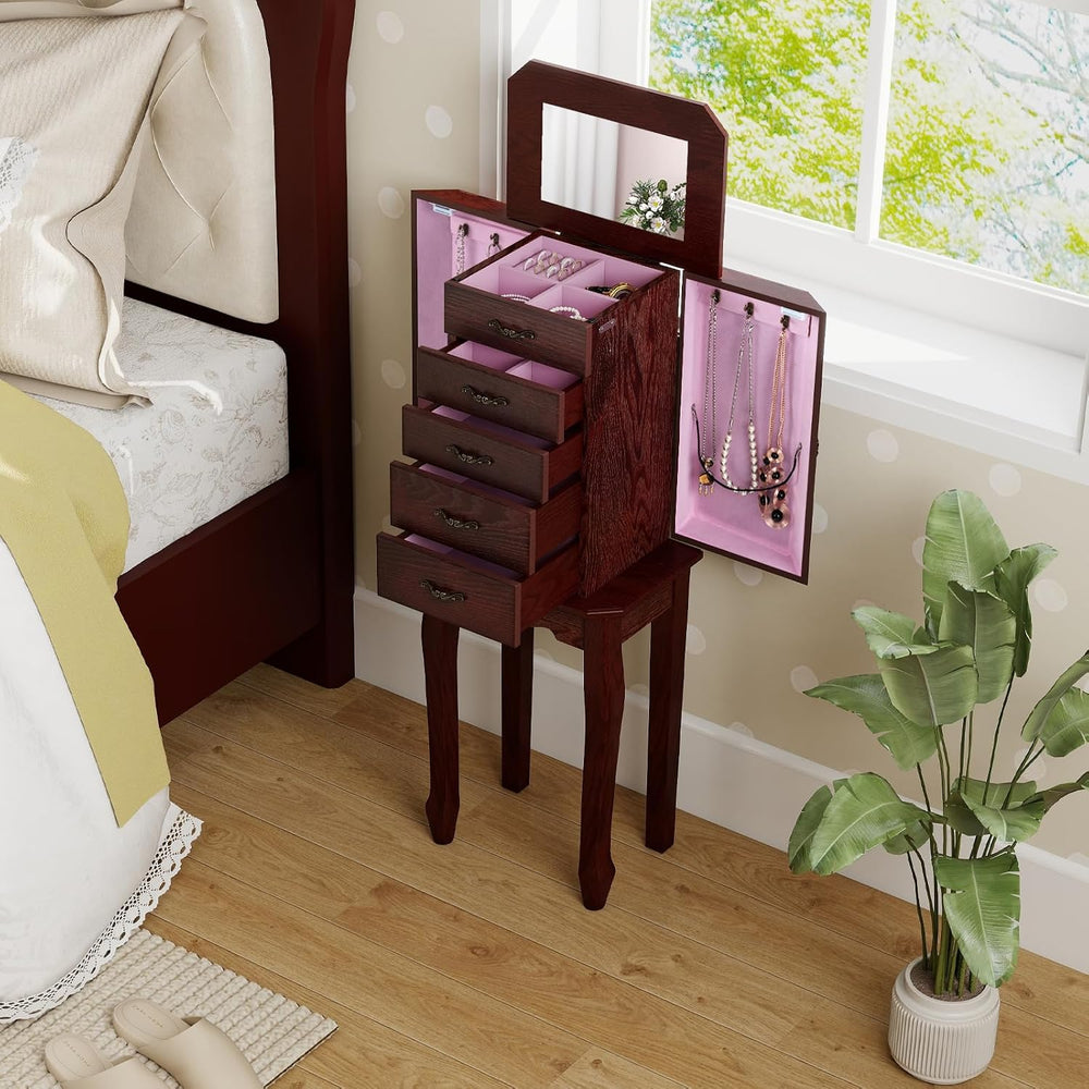 CHARMAID Standing Jewelry Cabinet with 4 Drawers, Flip Top Mirror, Walnut