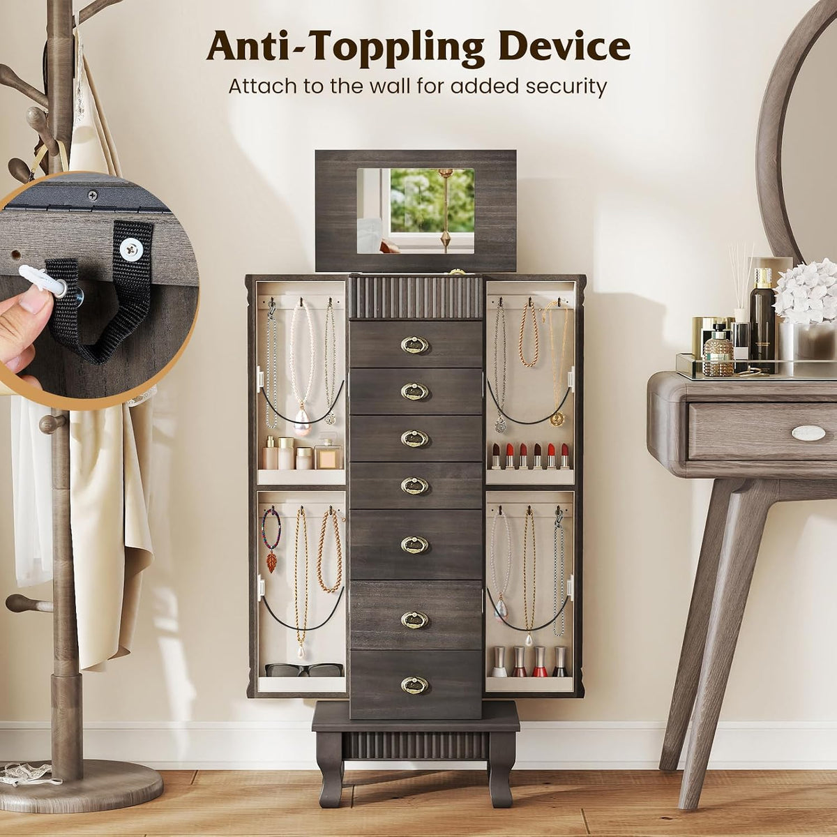 giantex standing jewelry cabinet, 7 drawers, flip mirror, front angle view