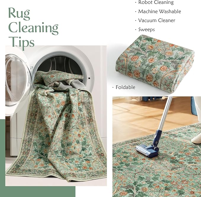 MUJOO Washable Runner Rug Green, Floral 2x6 Runners - Image 4