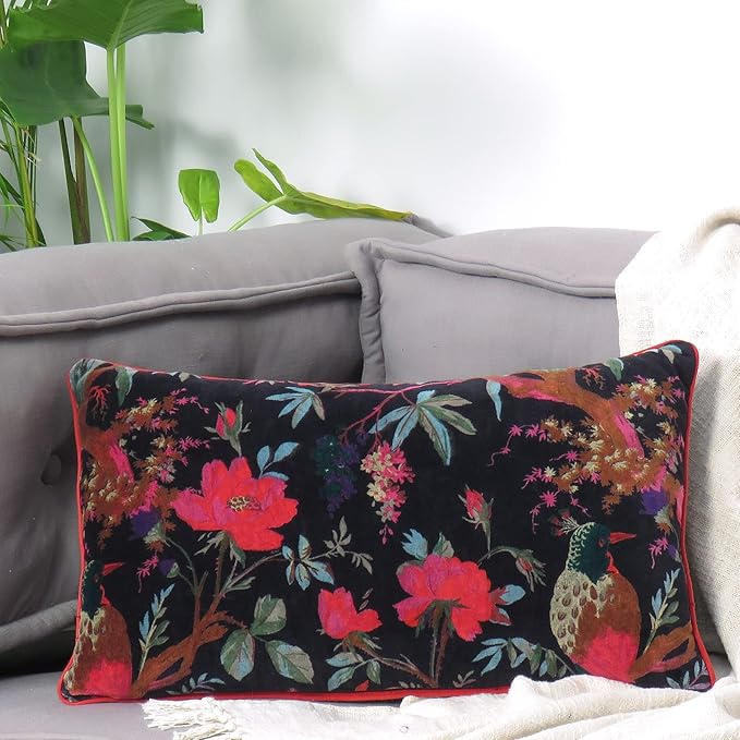 Eyes of India Boho Velvet Bird Print Lumbar Throw Pillow Cover, Bohemian - Image 2