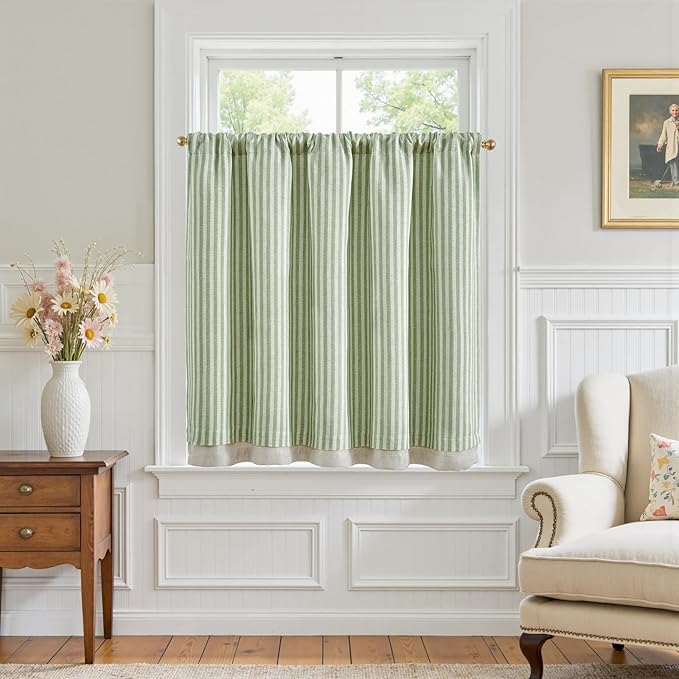 jinchan Double Layer Striped Linen Kitchen Tier Curtain Rustic Cafe by JINCHAN