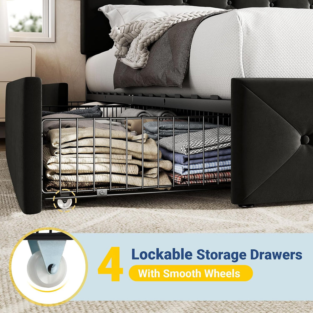 Allewie Queen Size Storage Bed Frame with 4 Underbed Drawers, Upholstered Pla...
