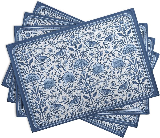 Blue Floral Boho Placemats Set of 4, 12x18 Inch Vintage Chinoiserie Block Print - Image 2