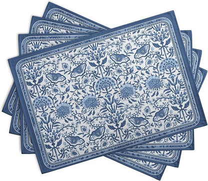 Blue Floral Boho Placemats Set of 4, 12x18 Inch Vintage Chinoiserie Block Print - Image 2
