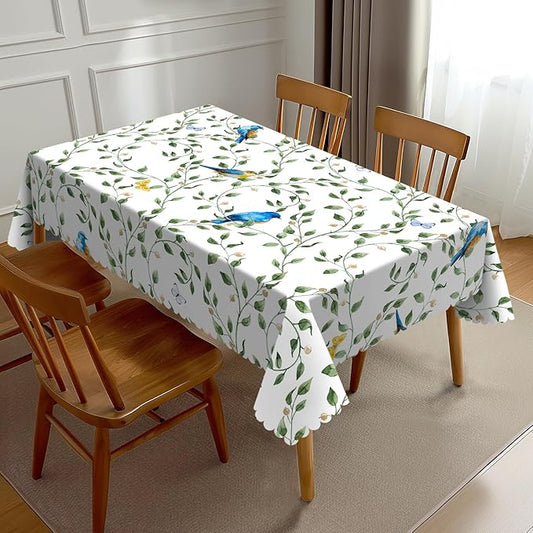 Blue Birds Tablecloth Watercolor Floral Butterfly Sage Green Leaves Branches by Unknown