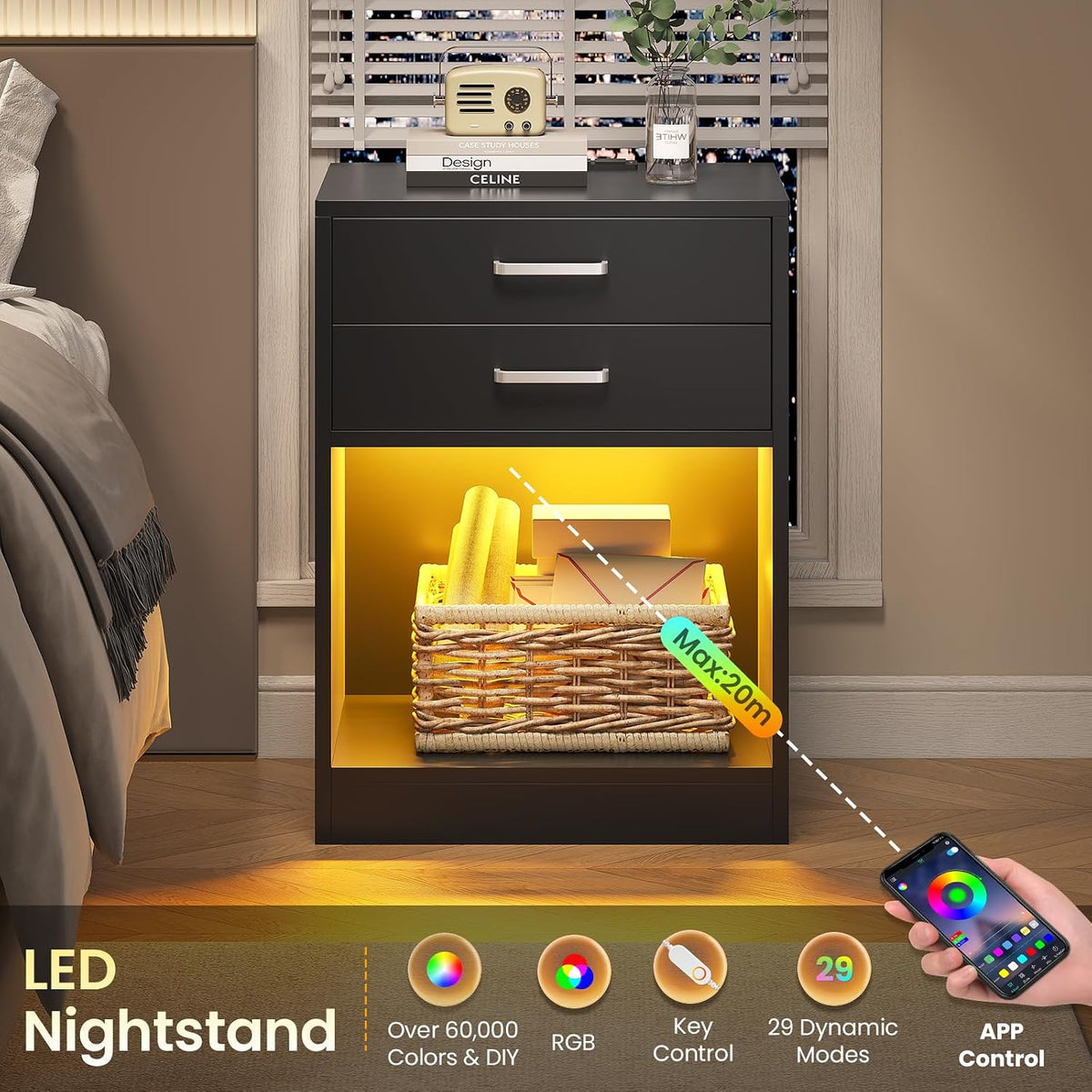adorneve black nightstand set of 2,led bedside table, close-up detail