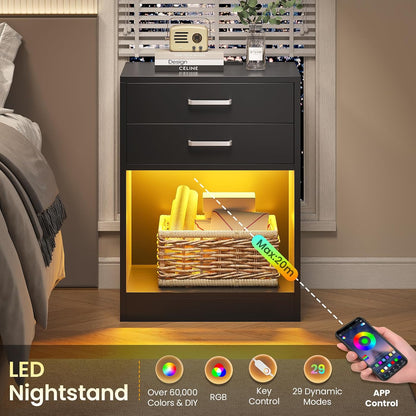 adorneve black nightstand set of 2,led bedside table, close-up detail