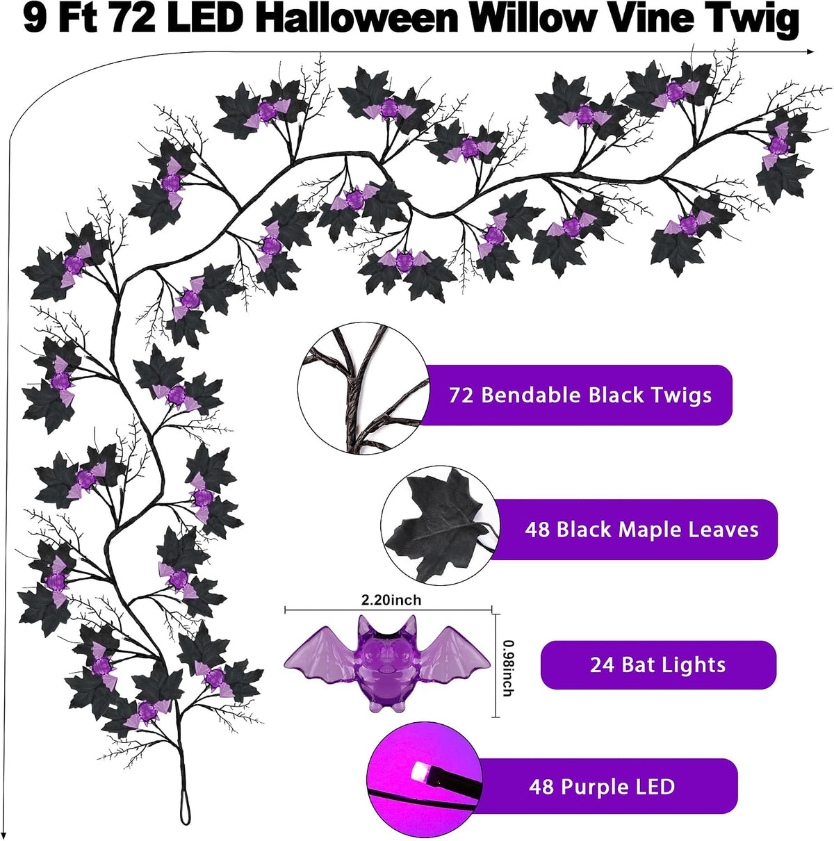 9FT 72 LED Halloween Willow Vine Twig Decor Black Halloween Garland with Bat & LED Purple Lights, 8 Modes Waterproof Battery Operated Halloween Lights Indoor Halloween Decorations for Home Wall Table