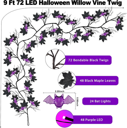 9FT 72 LED Halloween Willow Vine Twig Decor Black Halloween Garland with Bat & LED Purple Lights, 8 Modes Waterproof Battery Operated Halloween Lights Indoor Halloween Decorations for Home Wall Table