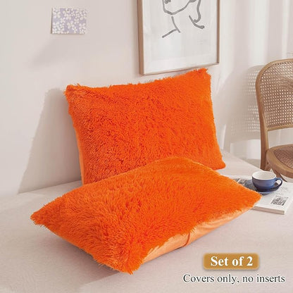 XeGe Faux Fur Fluffy Pillow Cases, Soft Plush Shaggy Furry Orange Pillowcases - Image 2