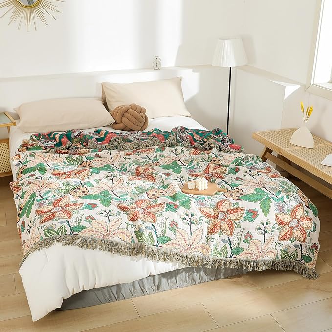 MSGKV Boho Throw Blanket for Couch Chair 100% Cotton Embroidery Floral Blanket - Image 2