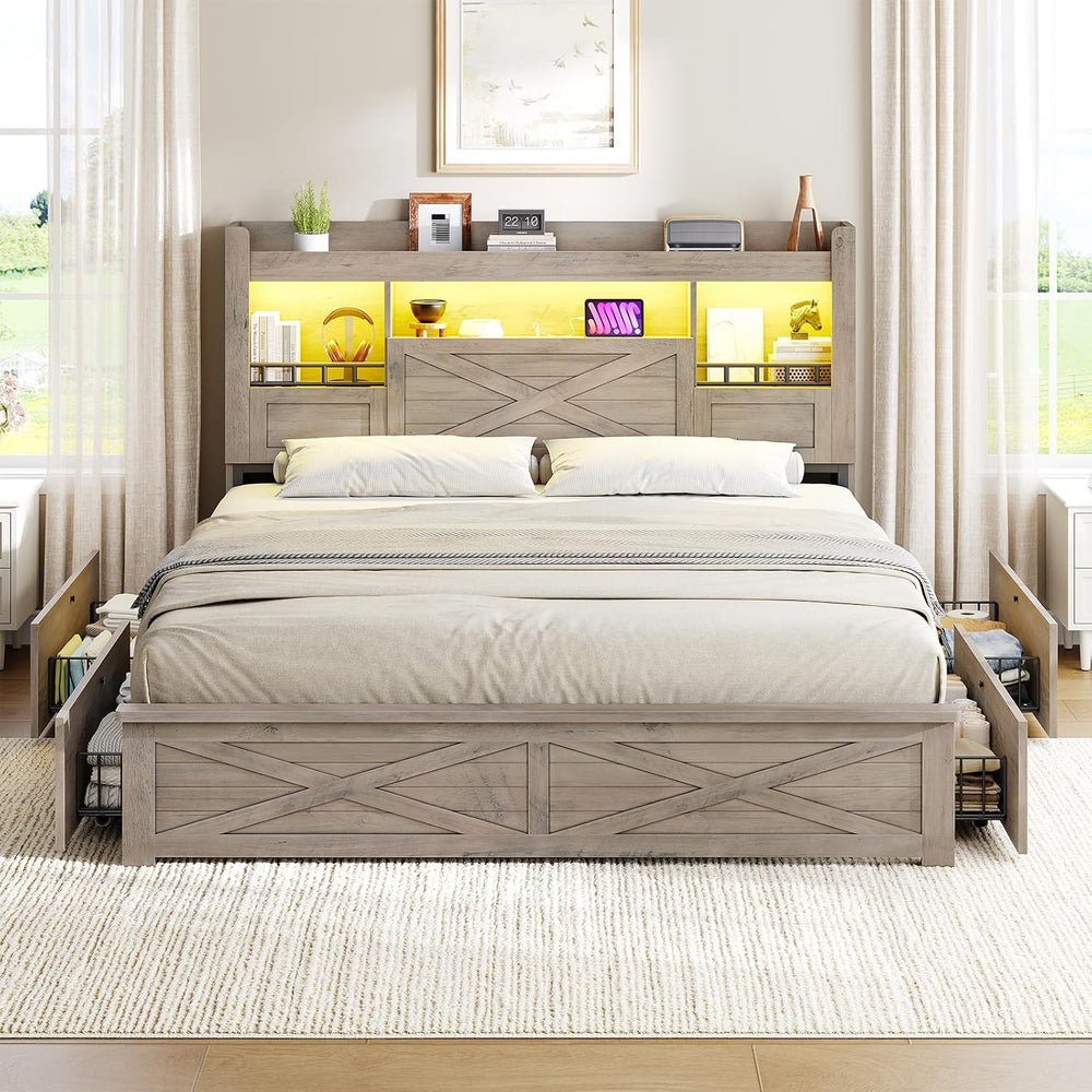 Farmhouse Full Size Bed Frame with Flip-Down Bookcase Storage Headboard and 4...