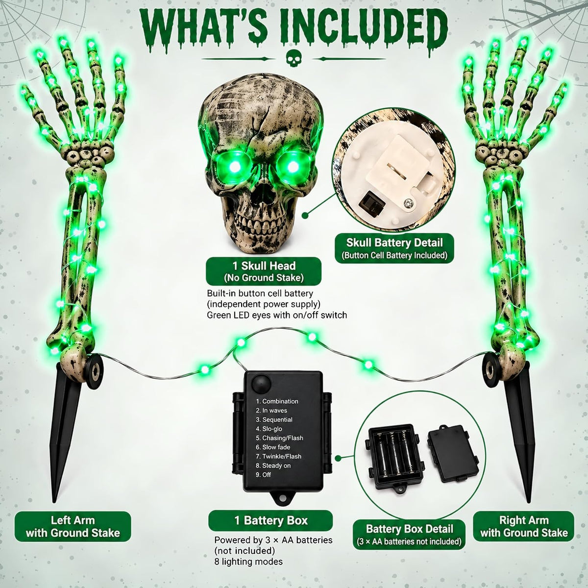 Halloween Skeleton Decorations Outdoor, 3-Piece Green LED Yard Stakes, Skull with Glowing Eyes & 18.7-Inch 8-Mode Lighted Arms, Battery-Powered for Lawn, Garden, Graveyard and Haunted House Scene