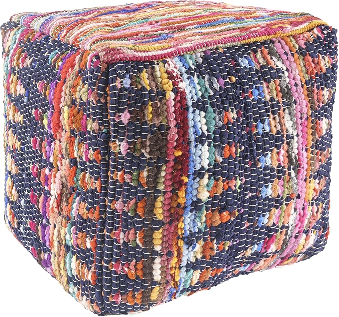 LR Home Denim Bordered Shabby Chic Hand-Loomed Cotton Jute Cube Pouf - Image 8