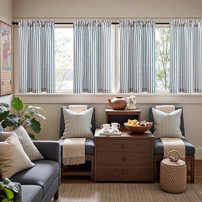 jinchan Striped Linen Kitchen Curtains 36 Inches Length Tier Curtains Farmhouse - Image 3