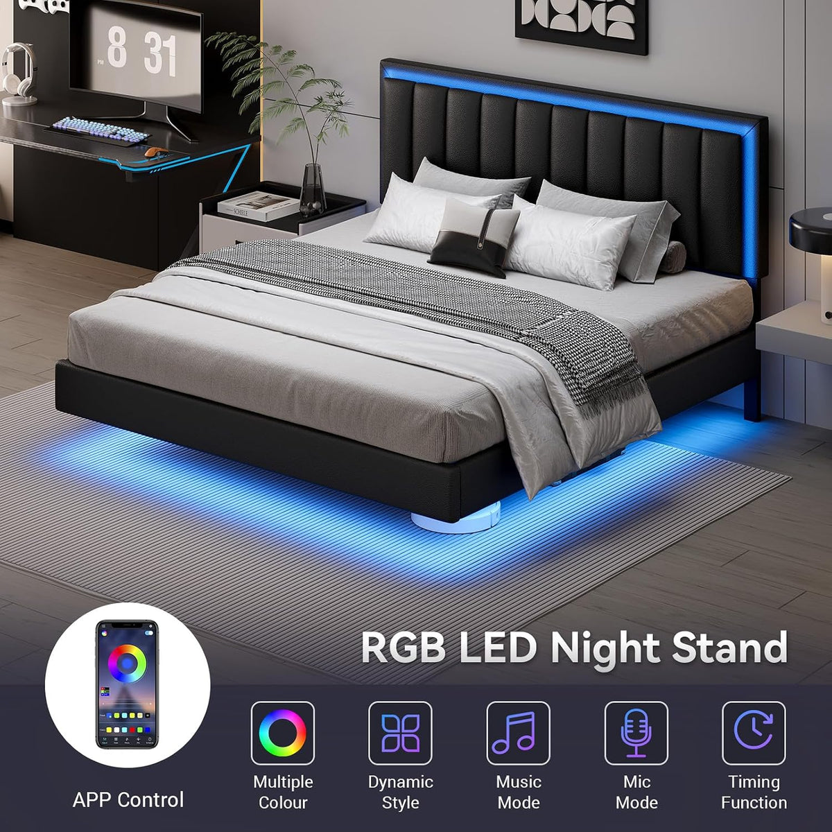 immerstable full size floating bed frame with led, close-up detail