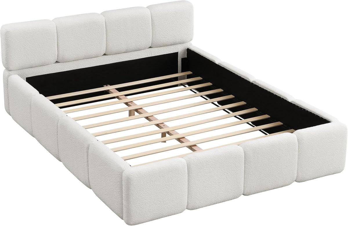 merax queen boucle platform bed with thick headboard on a desk or shelf