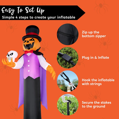 Joiedomi 12FT Giant Halloween Inflatable Pumpkin Ghost Vampire with Skull, Halloween Blow Up Gentleman Ghost Yard Decoration with Built-in LED Glowing Eyes for Lawn Garden Indoor Outdoor Decor