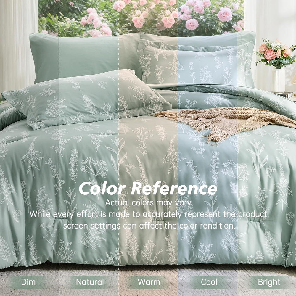 MUXHOMO Queen Comforter Set, 7-Piece Floral Bed in a Bag, Sage Green