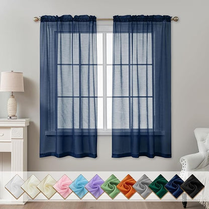 Navy Blue Sheer Curtains 63 Inch Length, Privacy Semi Sheer Curtains by ABLUEN