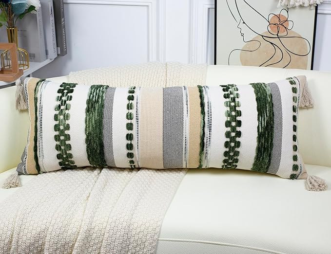 PANOD Boho Long Lumbar Throw Pillow Cover 16 x 36 Dark Green, Chenille Morocan - Image 2